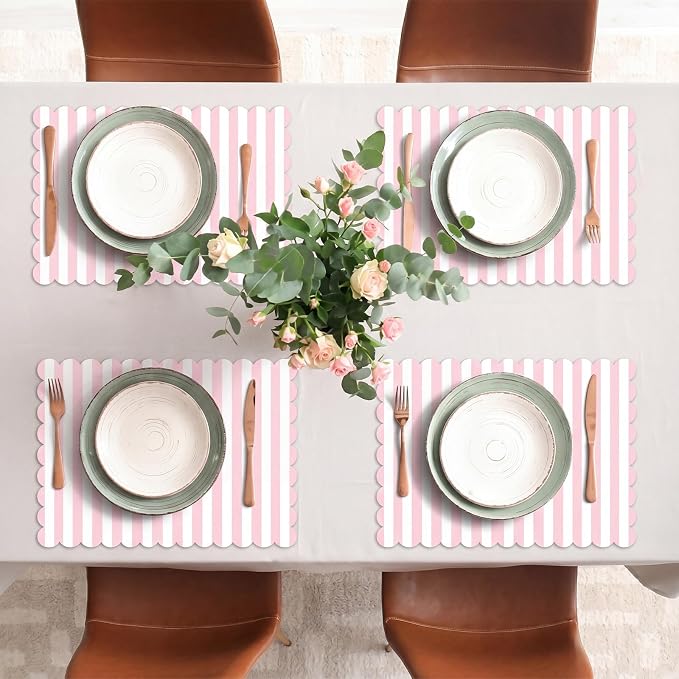 100 Pcs Pink and White Striped Paper Placemats 14 x 10 Inch Scalloped Pink Paper Placemat Disposable Table Place Mats for Wedding Bridal Shower Beach Party Home Table Kitchen Decoration