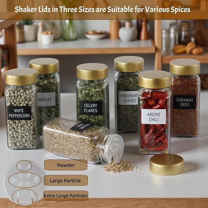6 Pack Spice Jars with Labels - 4oz Square Glass Seasoning Containers with Shaker Lids & Airtight Metal and Plastic Caps - Complete Spice Organizer Set for Cabinet, Drawer & Rack (6)