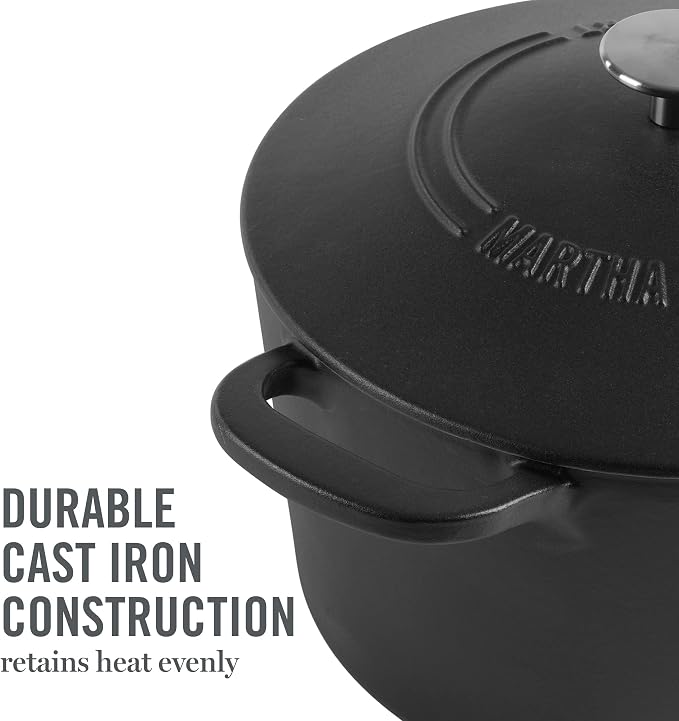 MARTHA STEWART Gatwick 7-Quart Enamel Cast Iron Dutch Oven Pot with Lid – Matte Black – Durable Heavy-Duty Dutch Oven for Slow Cooking, Braising & Baking