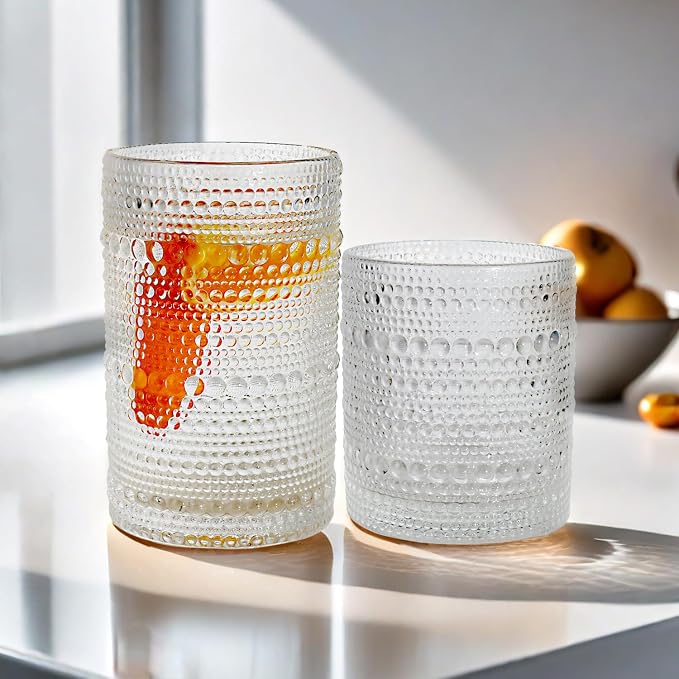 Clear Hobnail Driinking Glasses Set, Glassware Drinking Set of 8, 12 oz Highball Glasses & 10 oz Cocktail Glasses, Tumbler Glasses for Cocktails, Whiskey, Juice, Milk