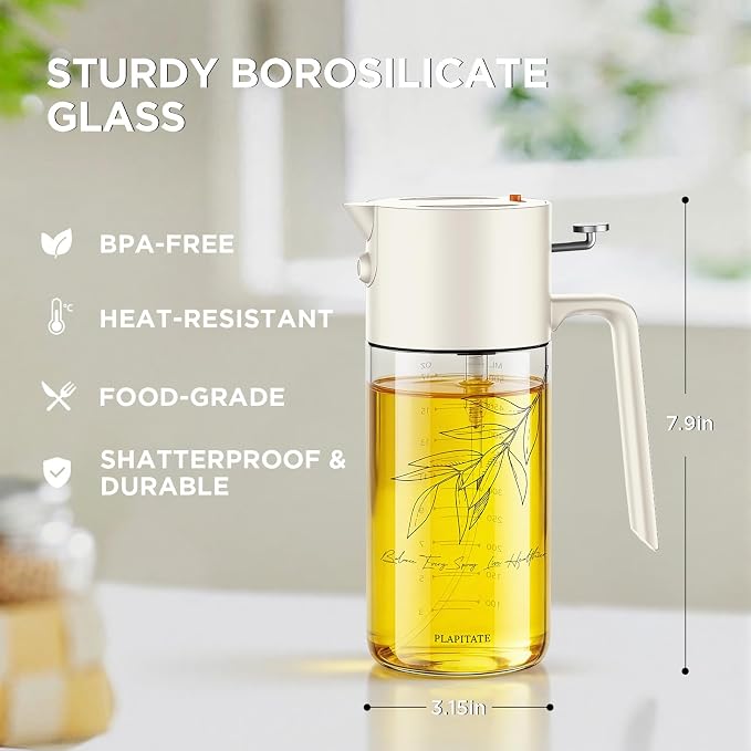 PLAPITATE 17oz/500ml Premium Olive Oil Sprayer for Cooking, 2 in 1 Glass Olive Oil Dispenser Bottle for Kitchen Gadgets, Spray Bottle with Portion Control for Salad, Frying, BBQ (White)