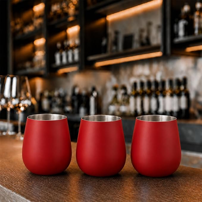 K&K Home Stainless Steel Unbreakable Stemless Wine Glasses - 15 oz - Set of 4 Colored, Stemless Metal Wine Glasses Perfect for Outdoors, Weddings, and Parties (Red)