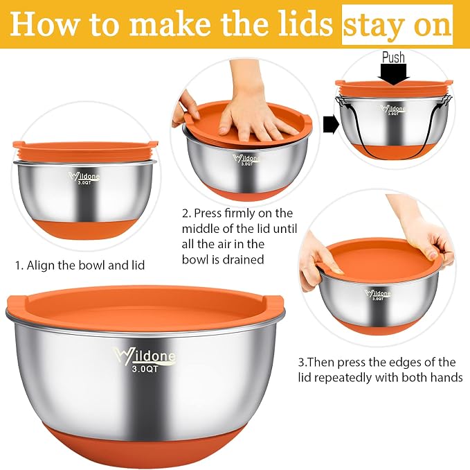 Wildone Mixing Bowls with Airtight Lids, Stainless Steel Mixing Bowls Set | Metal Bowls with 3 Grater Attachments & Non-Slip Bottom, Size 5, 4, 3, 2,1.5, 0.63QT, Includes Utensil Set for Prep, Colored