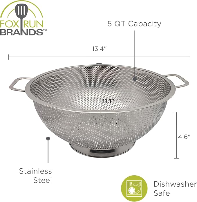 Fox Run Stainless Steel Colander, Large 5 Quart Pasta Strainer With Handles | Easily Strain Pasta, Rice & Spaghetti | Perfect Metal Strainer For Washing Fruit & Vegetables | Large Steel Colander 11" x 5"