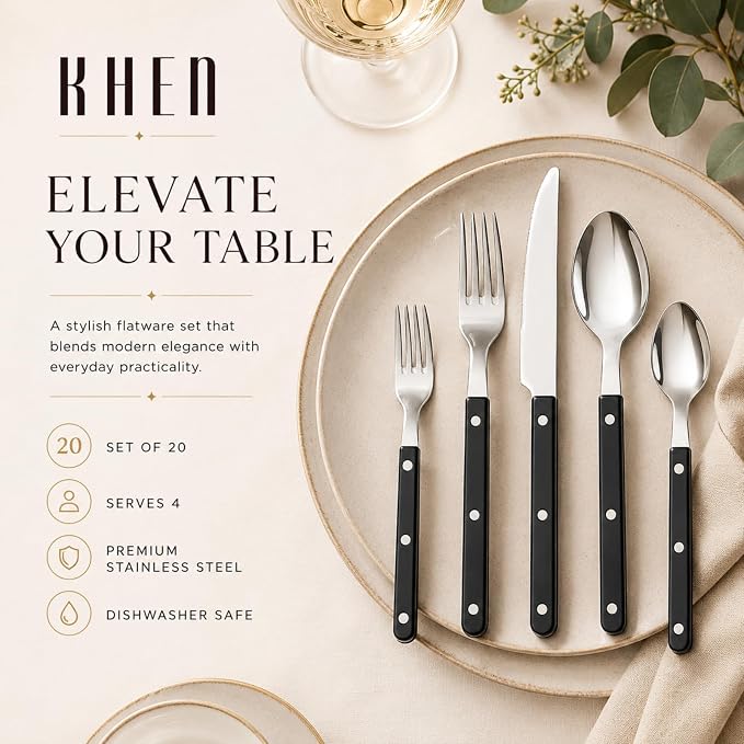 Cutlery 20-Piece Flatware Set, Stainless Steel Silverware - Black | 18/8 Stainless Steel | Dishwasher Safe | Ergonomic Handles | Lightweight Design | Service for 4 | Built for Daily Use