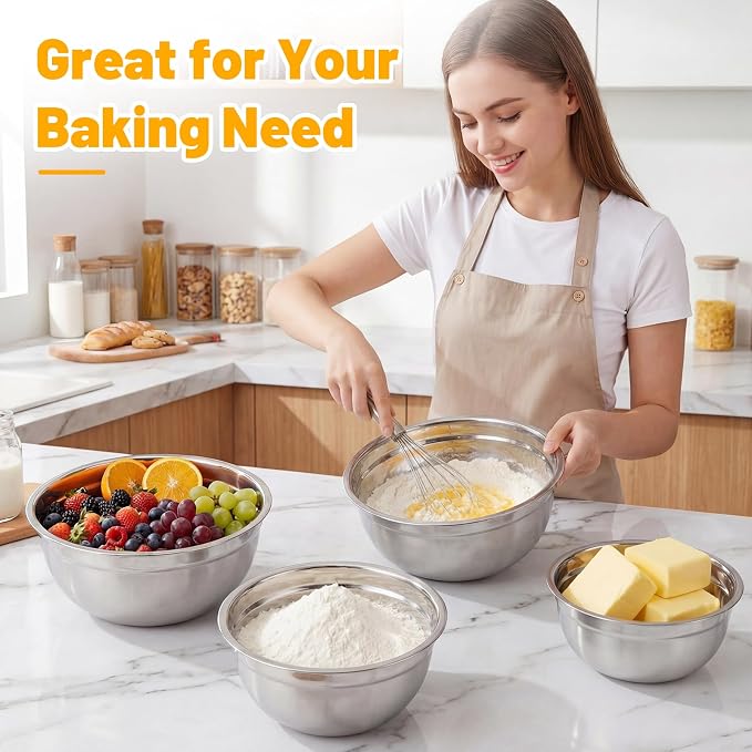 Beasea Mixing Bowls with Lids, 2 Pack 4 QT Stackable Stainless Steel Mixing Bowls Set with Lids, Metal Nesting Bowl for Kitchen, Baking, Food Prepping and Serving