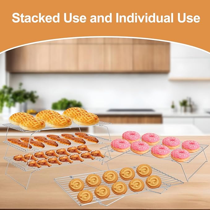 Briout Cooling Rack for Cooking Baking 3 Tiers, 16" x 10" Wire Rack, Silver | Thick Wire Rack, Oven & Dishwasher Safe, for Roasting, Grilling, Drying, Fits Half Sheet Pan