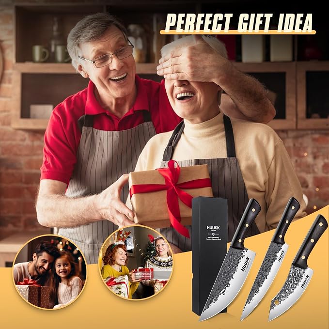Huusk Butcher Knife Set for Meat Cutting, Gifts for Men | Japanese High Carbon Steel Chef Knife Set with Ergonomic Handle, Hand Forged Meat Cleaver for BBQ, Camping, Kitchen