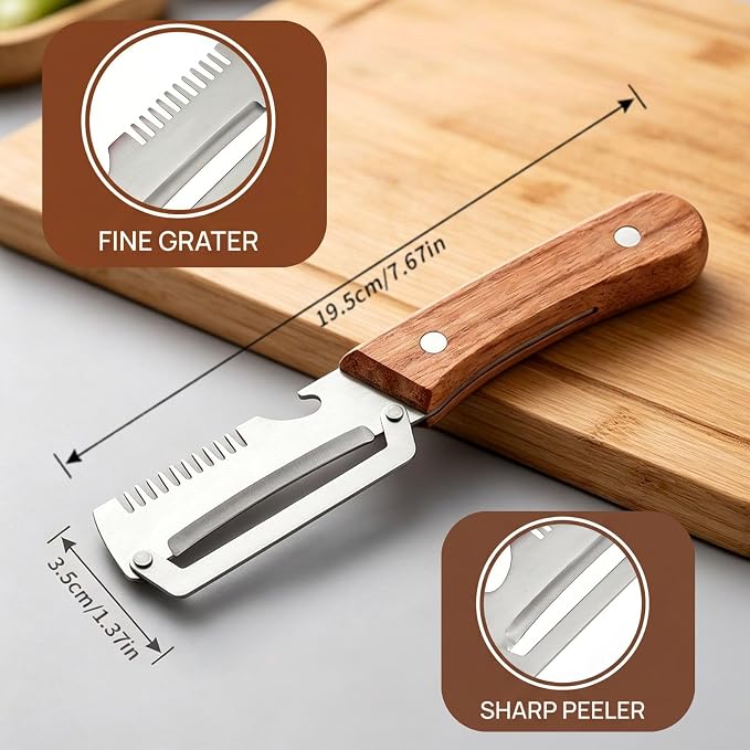 2 PCS Multi-Functional Kitchen Peeler, Professional Kitchen Tool for Chefs Fruit, 3 in 1 Multi Functional Wooden Handle Peeler and Bottle Opener, Kitchen Gadgets for Potato, Carrot, Pumpkin, Apple