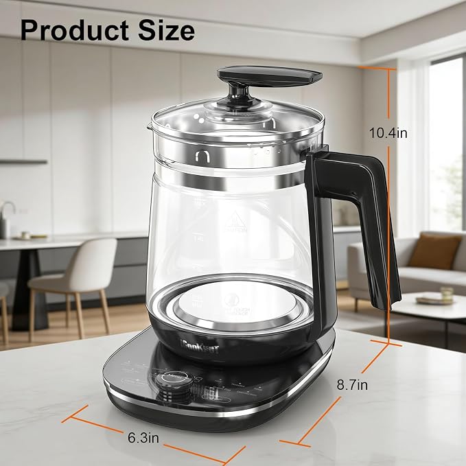 1200w Electric Kettle, 1.5L Borosilicate Glass tea kettle, Hot water kettle electric for Coffee or Tea, BPA Free, Auto Shut-Off, Stainless Steel, Fast Boil, Black