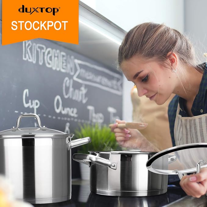 Duxtop Stainless Steel Stock Pot with Lid, 4.2 Qt Induction Cooking Pot | Stockpot with Stay-Cool Handle, Impact-Bonded Base for Even Heating