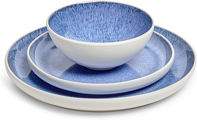 Sango 12-Piece Stoneware Dinnerware Set for 4, Light Blue Reactive Glaze on White Plates and Bowls Sets, Kitchen Ceramic Dish Set, Modern Dishes for Everyday Dining, Microwave & Dishwasher Safe, Cove