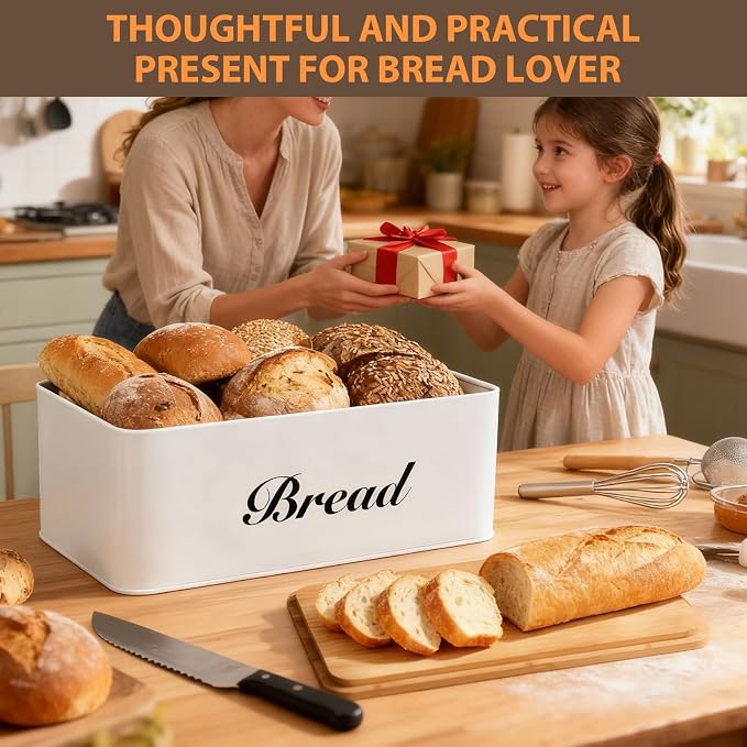 RYTOXILO White Bread Box for Kitchen Countertop, Metal Breadbox with One-Way Degassing Valve Bamboo Lid, Bread Storage Boxes Container for Homemade Bread, Sourdough Food Cutting Board