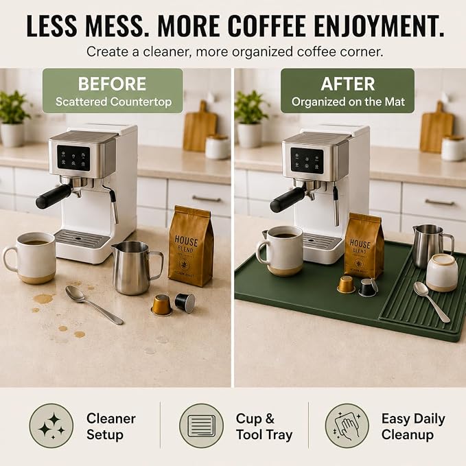 Silicone Coffee Mat 24 x 16 in with Tray, Deep Forest Green | Coffee bar mat for countertop use, coffee station mat or coffee machine mat with removable tray and 0.47 in raised rim.