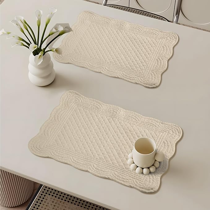 6 PC Quilted Placemats, 18"X13"Extra Large Cotton Placemats Set of 6, 100% Cotton Fabric Washable Cloth Table Mats for Kitchen & Dining Table - Soft &Easy Clean(Flax, Rectangular)