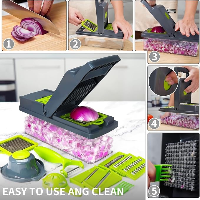 16 in 1 Vegetable Chopper and Food Chopper with Container, Onion Slicer Cutter Dicer, Veggie Cutter with 7 Blades for Carrot Salad Garlic Potato (Design 2)