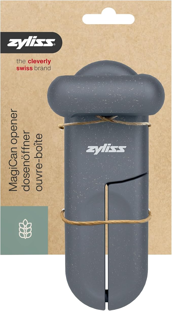 Zyliss MagiCan Manual Can Opener – Ergonomic Gray Handle with Lid-Release for Hands-Free Disposal – Stainless Steel Cutting Wheel, Compact Design, Left or Right-Hand Use – 5-Year Guarantee