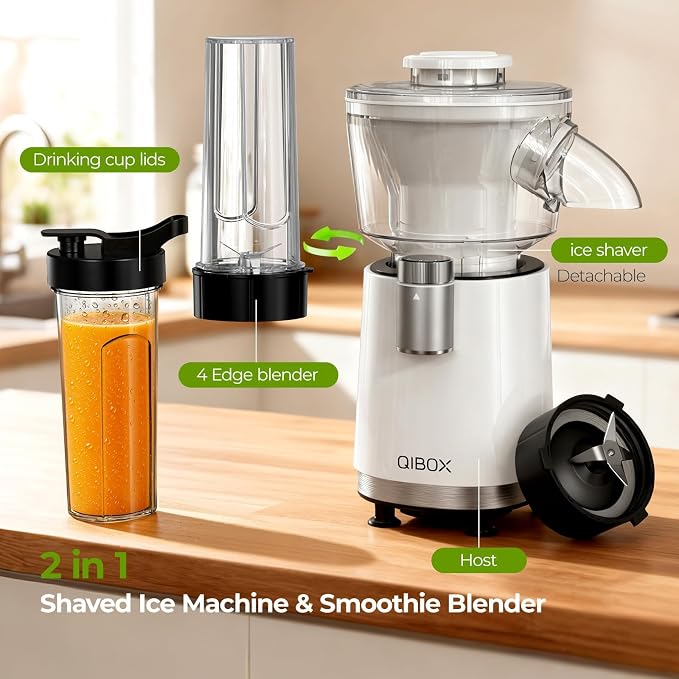 QIBOX Snow Cone Machine & Smoothie Blender 2 in 1, 700W Powerful Shaved Ice Machine Frozen Margarita Machine, Slushine Machine Maker with Stainless Steel Blade, Smoothie Recipe, for Home Kitchen Party