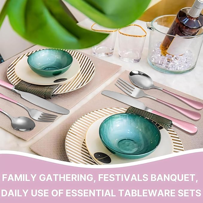 24 Pieces Flatware Set, Caliamary Stainless Steel Flatware Set with Silverware Holder Spoons Forks Knives,Utensils Set Service for 6,Gold Mirror Polished and Matte Pink Painted (Pinkish Silver)