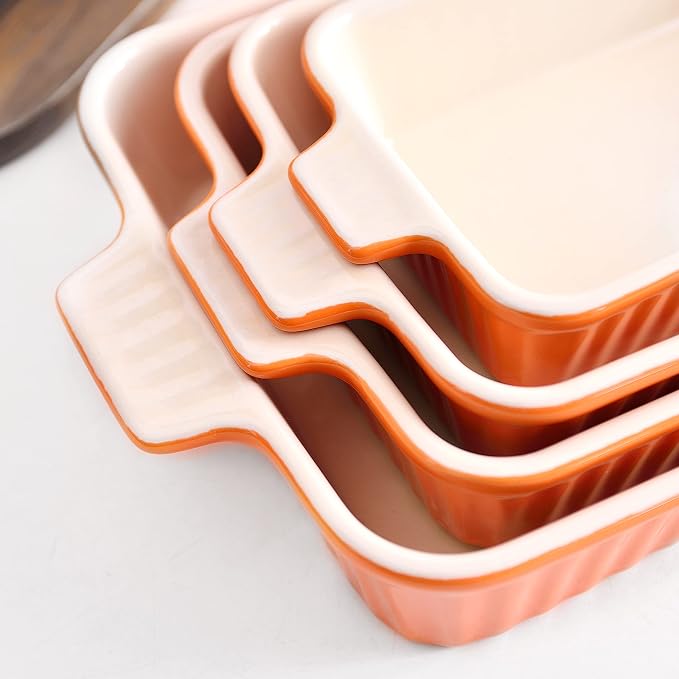 MALACASA Casserole Dishes for Oven, Ceramic Baking Dishes Set of 4,Orange | Rectangular Lasagna Pans Bakeware for Roasting Vegetable, Gratins, Gift Set, Oven Dishwasher Safe (9.4/11.1/12.2/14.7")