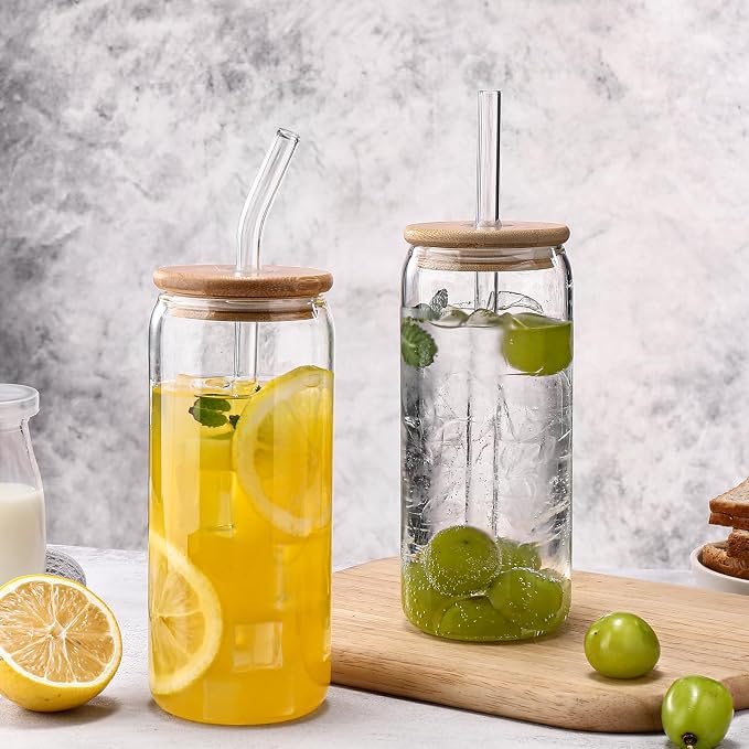 DWTS DANWEITESI Glass Cups “20oz”,Glass Cups with Lids and Straws 4 pcs-Coffee Cups,Drinking Glasses Set,Glass Tumbler with Straw and Lid Gift 2 Cleaning Brushes 600ml