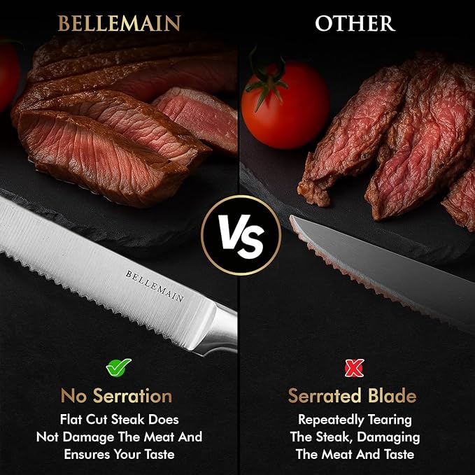 Bellemain Steak Knife Set of 6, Serrated Stainless Steel, Dishwasher Safe | Ergonomic Handle Design, Rust-Resistant Blades, Precision Serrated Edges, Enhanced Dining Experience at Home & Restaurants