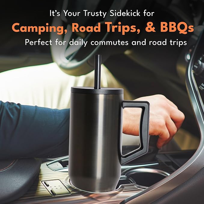 Elemental Spill Proof 40oz Insulated Tumbler with Handle & Straw Travel Mug | Stainless Steel Commuter Travel Coffee Mug for Cold Beverages, Includes 2 Straws & a Spill Proof Lid for Everyday Use