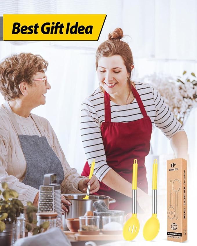 BUNDLEPRO Silicone Cooking Spoons for Non Stick Cookware, 2 Pack, Yellow | Heat Resistant, Large Kitchen Spoons for Mixing, Serving, Draining, Stirring