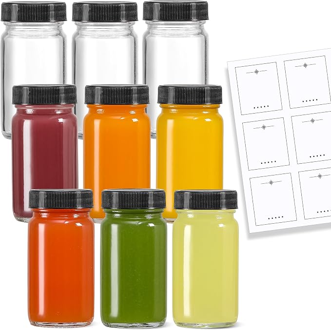 9 Pack, 2 oz Glass Shot Bottles w/ Black Lids & 9 Labels - Small Clear Jar for Ginger, Wellness Shot, Juice, Sample, Whiskey - Travel Essentials Mini Bottles - Wide Mouth, Leakproof, Dishwasher Safe