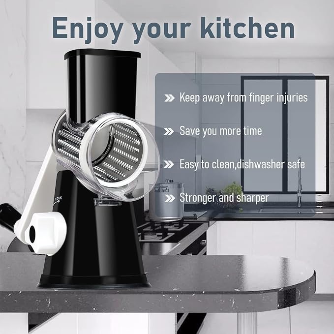Rotary Cheese Grater Hand Crank Black - Shredder Slicer Grinder 3 Stainless Steel Blades, Stable Suction, Labor-Saving Handle, Safe Kitchen Tool for Cheese, Vegetable, Nuts, Chocolate
