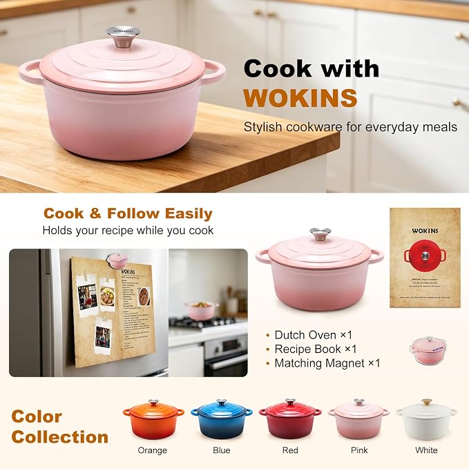 4-QT Enameled Cast Iron Round Dutch Oven With Lid,Oven safe,Pink | Small enameled cast iron Dutch oven,Retains moisture,PFAS-free,500°F,sourdough,braising/stews/roasting,Housewarming Gift