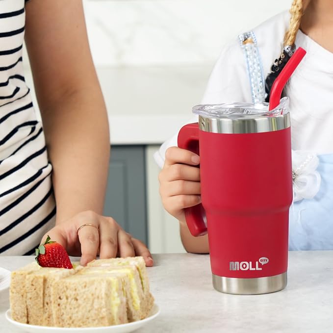 16 oz Tumbler with Handle, Stainless Steel Cups with Lid and Straw,Navy | Reusable Vacuum Insulated Tumbler with Convenient Handle, Complete with Sealed Lid & Straw, Ideal Daily Travel Cup for Women