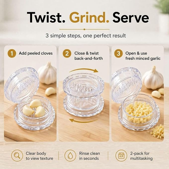 2 Pack Garlic Mincer, Clear Manual Garlic Twister and Ginger Mincer Tool | Garlic twister mincer to mince garlic, ginger, herbs, onions & nuts, non-slip grip, easy rinse, compact storage