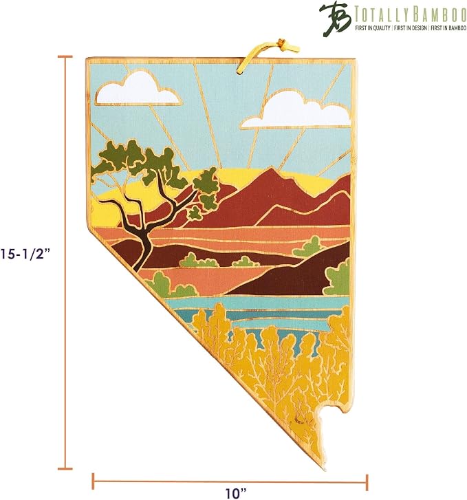 Totally Bamboo Nevada State Shaped Cutting Board, Summer Stokes Art | State charcuterie board with colorful hand-drawn landscape art. Smooth reverse side for food prep. Hang tie for wall display.