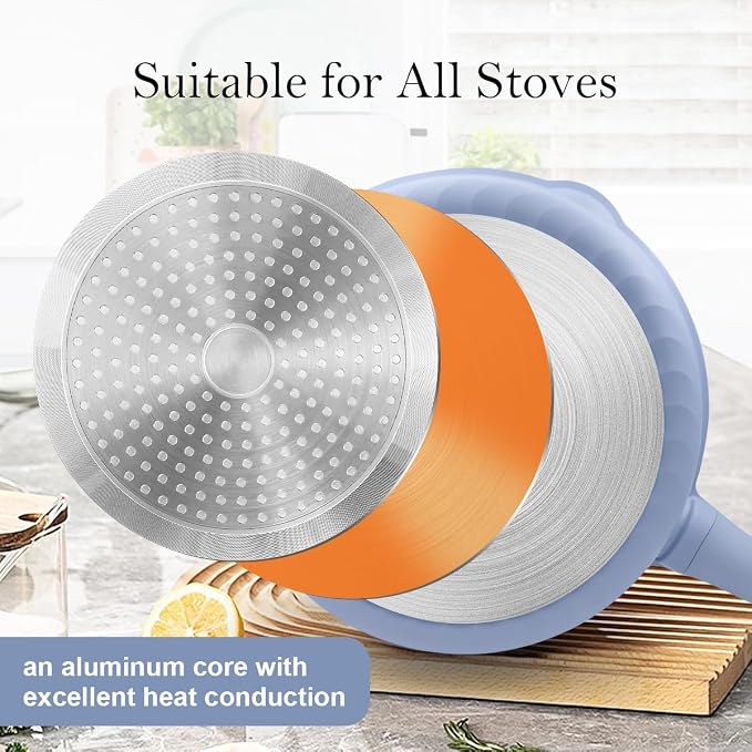 12-Inch Non Stick Deep Frying Pan Skillet with Steamer, 5 QT Saute Pan with Lid, Vegetable Steamer Cookware for Cooking, Detachable Handle,Compatible with All Stoves,Oven Safe,PFOA Free,Blue