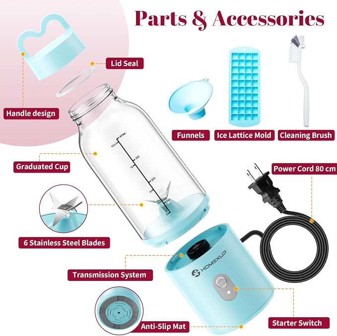 2PCS Portable Personal Blender 17 OZ/500 ML Juicer, 175W Personal Size Blender, Ideal for Smoothies, Ice Blending, Juicing, and Food Processing, Compact, Convenient, and Versatile(Blue&White)