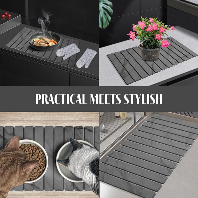 Large Stone Dish Drying Mat for Kitchen Counter, Quick Dry Dish Drying Mats, Foldable Absorbent Diatomaceous Earth Mats for Dishes Bottles Cup, Match Any Countertop (Gray Marble 28"×16" & 8"x4")