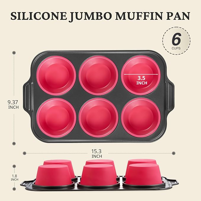 BRONYPRO Jumbo Silicone Muffin & Cupcake Pan for Baking with Metal Frame, Extra Large 3.5dia Muffin Tins Easy to Pop Nonstick Non Toxic Bakeware for Oven, Rose Pink