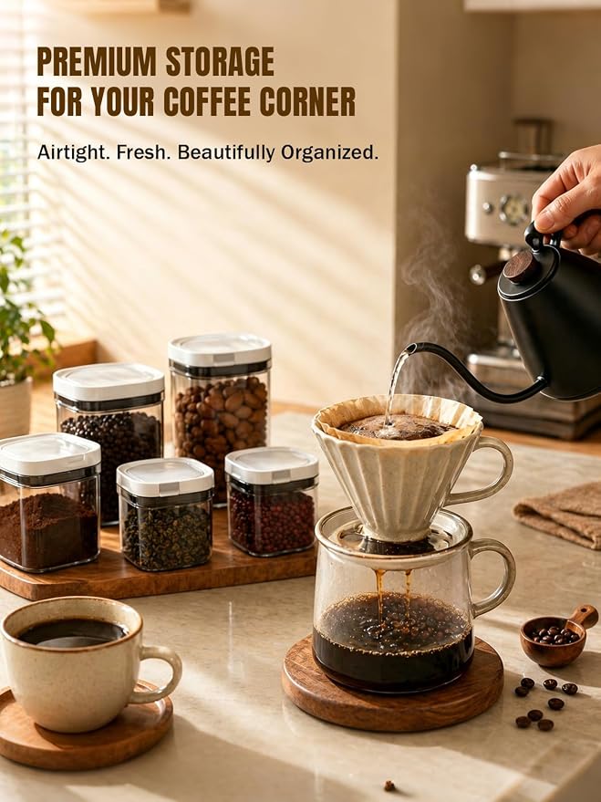 Lupow Airtight Coffee Canister with Magnetic Spoon, 0.8L BPA-Free Plastic Coffee Container for Ground Coffee & Beans, Dual Seal Locking Lid, Dark Brown Pantry Storage Jar