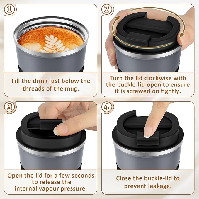 KETIEE Travel Coffee Mug Spill Proof 12oz, Insulated Reusable Coffee Cups with Seal Lid, Vacuum Stainless Steel Travel Mug to Go Car Tumbler for Hot/Iced Drinks (Grey)