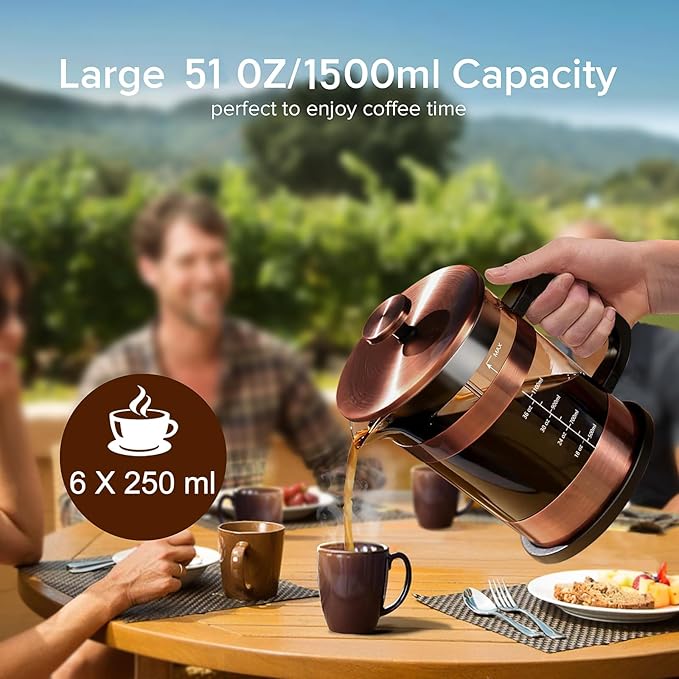 QUQIYSO French Press Coffee Maker 51oz, Large French Press, Thickened Glass | Borosilicate Glass Plastic Free Coffee Maker, Easy to Clean,4 Filter, Coffee Press Suitable for Kitchen Party Camping(Copper)