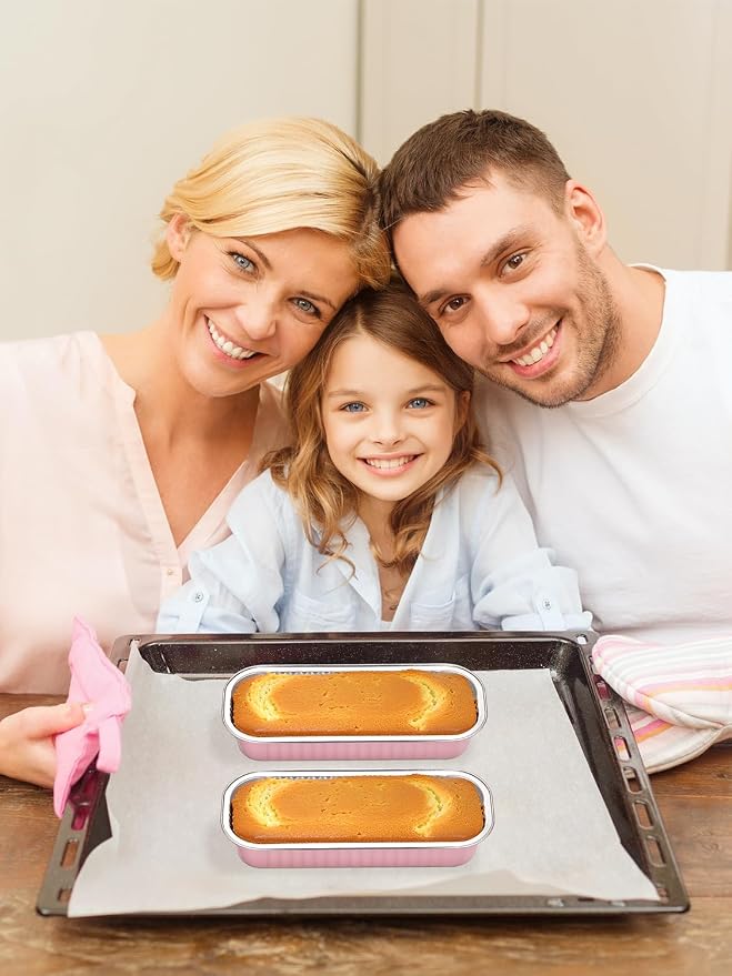 NEEBAKE 150 Pack 6.8 oz Disposable Mini Loaf Pans with Lids and Spoons - 6.5x2.5x1.2 Pink Aluminum Loaf Pans, Small Aluminum Tin Foil Baking Pan, Food Containers for Baking, Cakes, Bread, Loaves