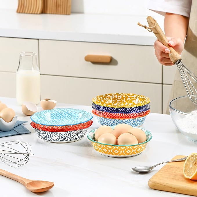 Selamica Ceramic Mini Pie Pans, 6 Inch Pie Dish for Baking, Small Pie Plate with Fluted Edge for Dessert Apple Pie, Oven Safe, Set of 6, Assorted Colors