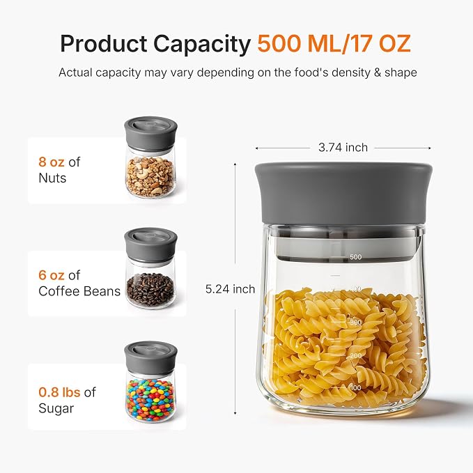 2-Pack 17oz Glass Jar with Airtight Lid, Twist-to-Lock Freshness, Easy Open | Wide Mouth Food Canisters with Silicone Ring, Easy Clean, Clear Borosilicate Jar for Coffee Grounds, Creamer, Candy, Sugar