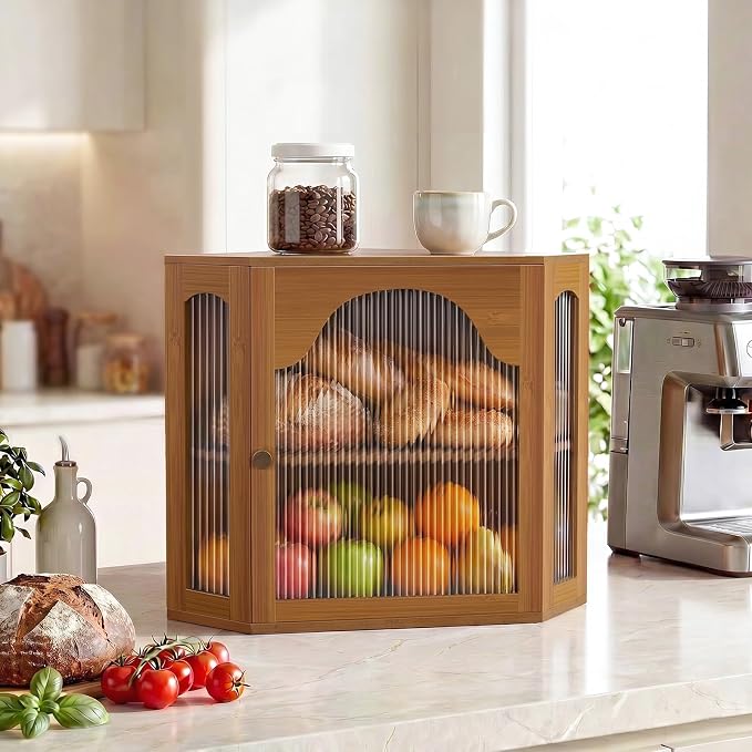 2-Tier Corner Bread Box for Kitchen Countertop with Acrylic Wavy Door Panel | Bread Storage for Homemade Bread, Large Bamboo Vintage Farmhouse Bread Bin, Cabinet Cupboard Pantry, Caramel, Meduim