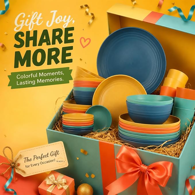 Plates and Bowls Sets, Wheat Straw Dinnerware Sets,Dishes Set for 8 | 40-Piece Dishware Sets, Microwave Safe Plates/Cereal Bowls/Cups Set/Soy Sauce Dish for Kitchen, Camping Dishes Set, Colorful