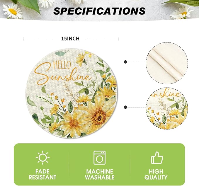Artoid Mode Hello Sunshine Sunflower Round Summer Placemats Set of 4, 14 Inch Spring Round Table Mats for Dining Decoration