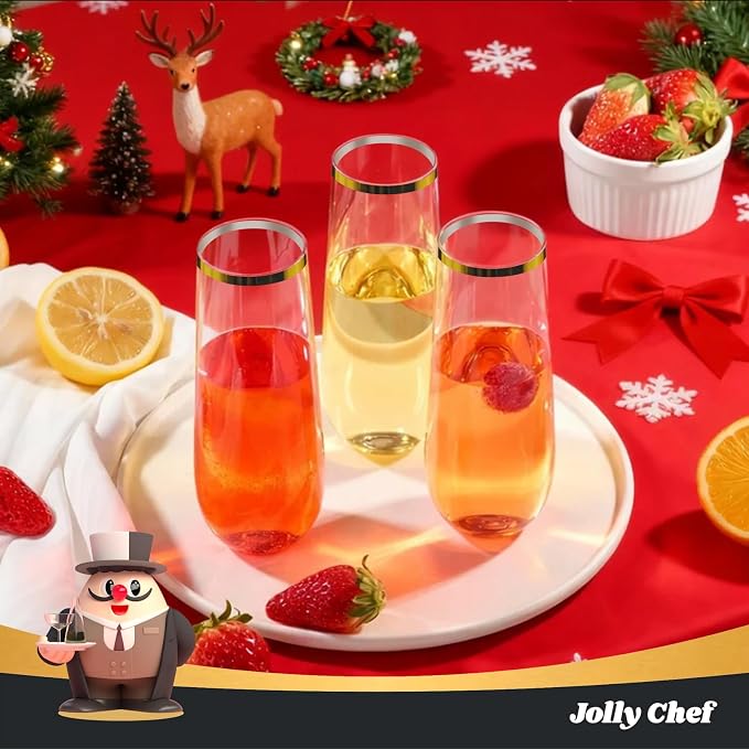 JOLLY CHEF 48 Pack Plastic Champagne Flutes, 9 oz Clear Stemless Champagne Flutes, Plastic Champagne Glasses with Golden Rim, Shatterproof Recyclable Mimosa Glasses for Party Wedding Birthday