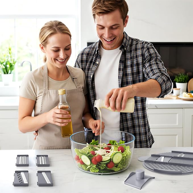 Salad Spinner Lettuce Spinner with Drainage Holes, 5 Chopping Blades, Grey | 5.3 QT Large High Efficiency Fruit Vegetable Washer Dryer, Easy Press Kitchen Tool for Leafy Vegetables