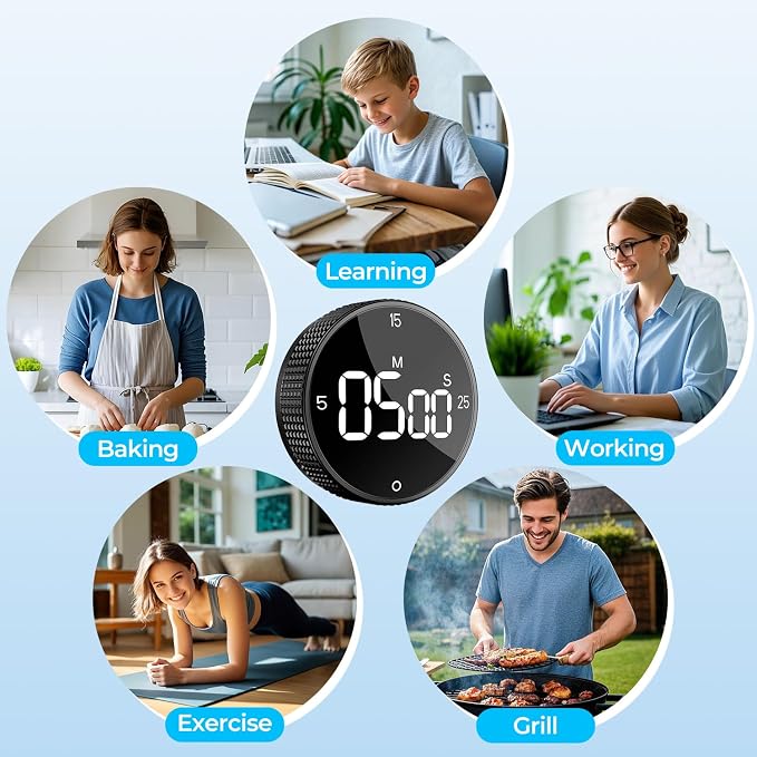 USB Rechargeable Magnetic Kitchen Timer for Cooking, Building 800mAh Battery Large Display Digital Countdown Countup Timer, 3 Preset 5/15/25 Mins Loud Alarm for Kitchen Classroom Grilling Studying